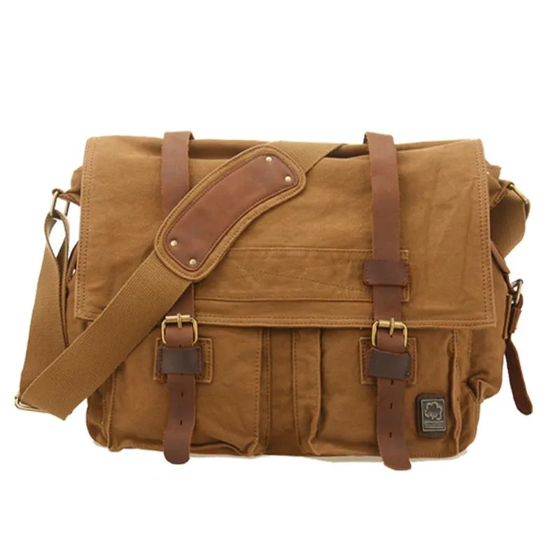 Canvas Leather Mens Vintage 14" Brown Travel Side Bag Black Messenger Bag Blue Shoulder Bag for Men