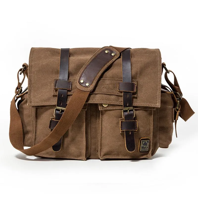 Canvas Leather Mens Vintage 14" Brown Travel Side Bag Black Messenger Bag Blue Shoulder Bag for Men