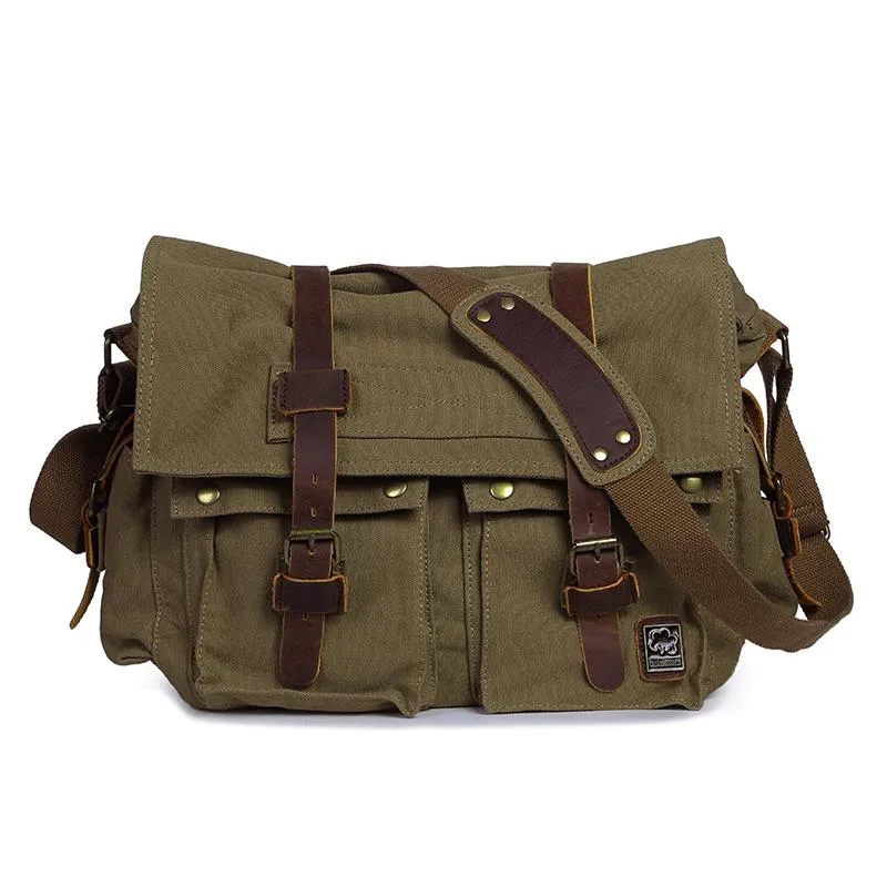 Canvas Leather Mens Vintage 14" Brown Travel Side Bag Black Messenger Bag Blue Shoulder Bag for Men