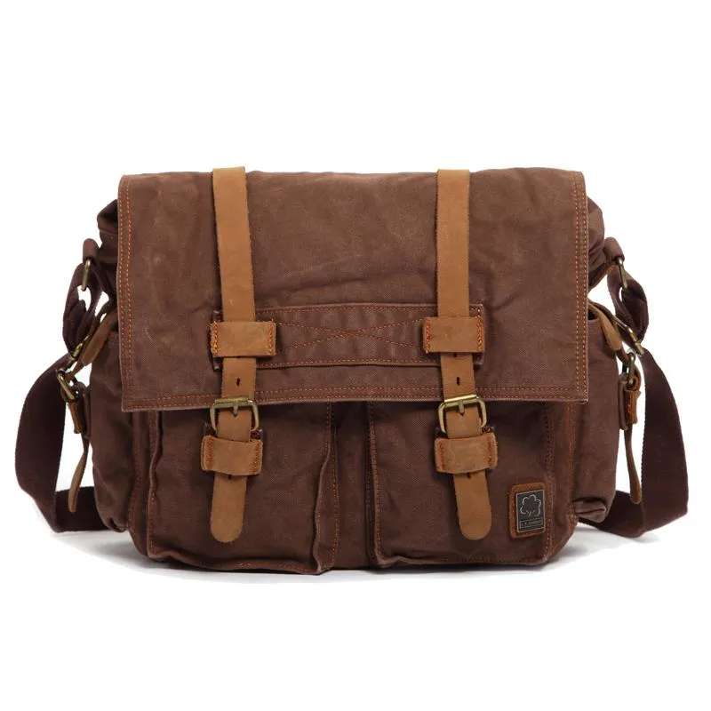 Canvas Leather Mens Vintage 14" Brown Travel Side Bag Black Messenger Bag Blue Shoulder Bag for Men