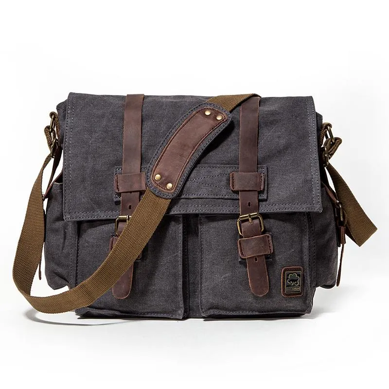 Canvas Leather Mens Vintage 14" Brown Travel Side Bag Black Messenger Bag Blue Shoulder Bag for Men