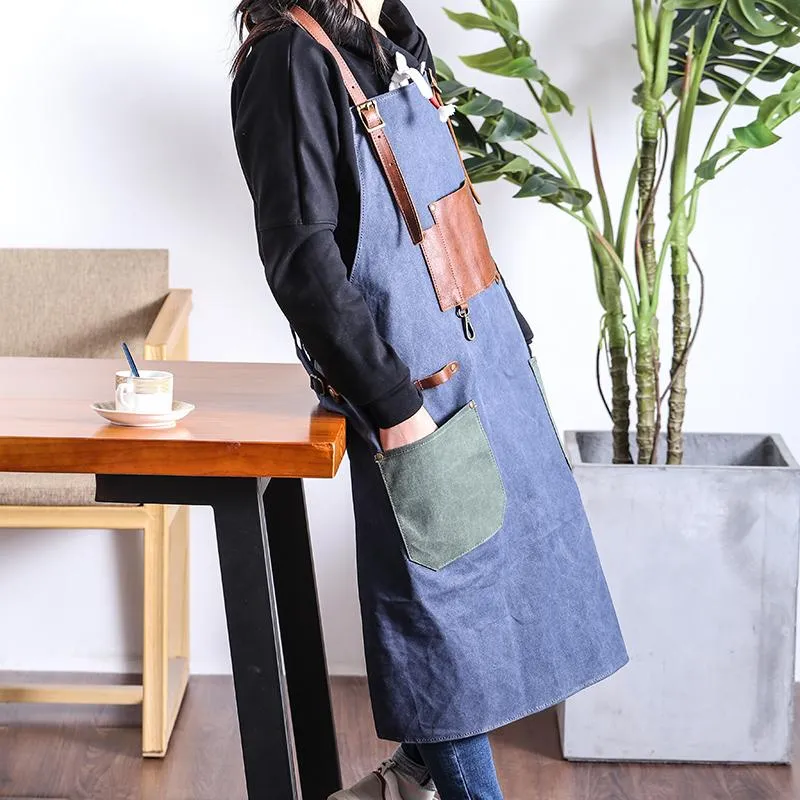 Canvas Leather Mens Womens Gray Craftsman Cafe Staff Clothes Work Apron for Men