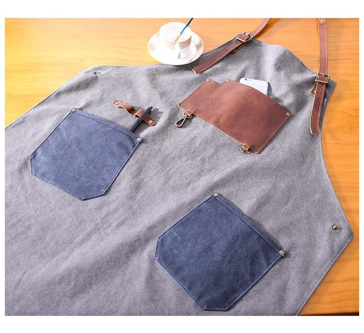 Canvas Leather Mens Womens Gray Craftsman Cafe Staff Clothes Work Apron for Men