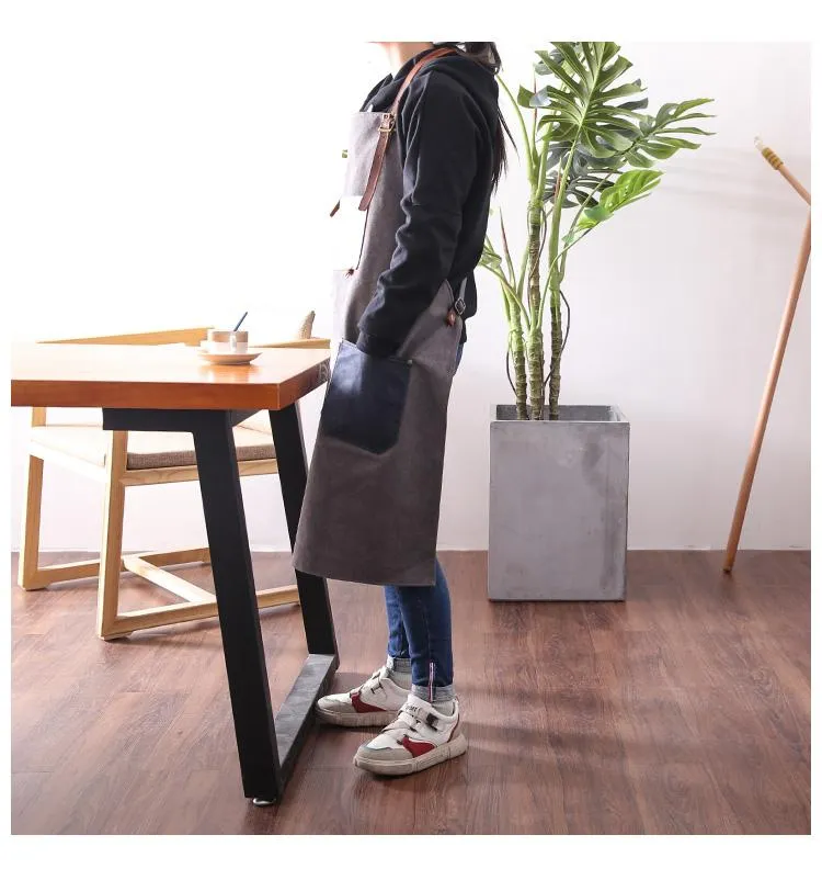 Canvas Leather Mens Womens Gray Craftsman Cafe Staff Clothes Work Apron for Men