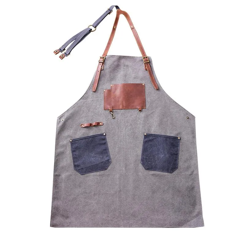 Canvas Leather Mens Womens Gray Craftsman Cafe Staff Clothes Work Apron for Men