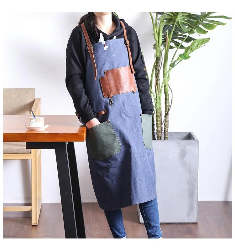 Canvas Leather Mens Womens Gray Craftsman Cafe Staff Clothes Work Apron for Men