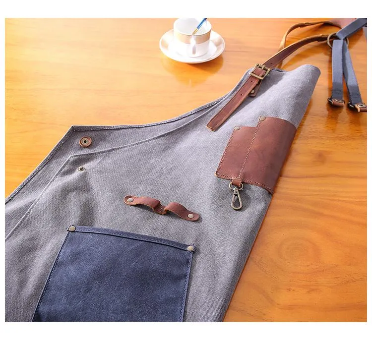 Canvas Leather Mens Womens Gray Craftsman Cafe Staff Clothes Work Apron for Men