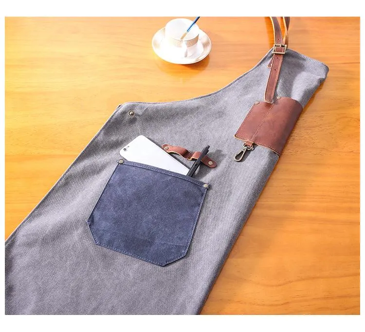 Canvas Leather Mens Womens Gray Craftsman Cafe Staff Clothes Work Apron for Men