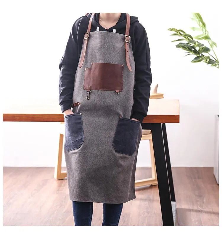Canvas Leather Mens Womens Gray Craftsman Cafe Staff Clothes Work Apron for Men