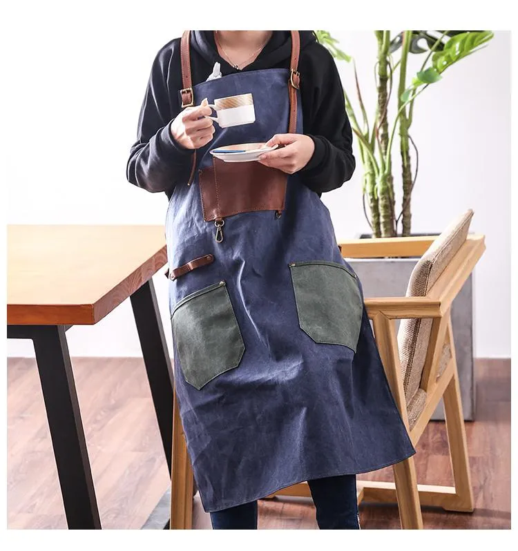 Canvas Leather Mens Womens Gray Craftsman Cafe Staff Clothes Work Apron for Men