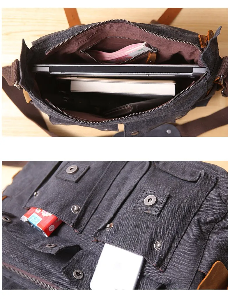 Canvas Mens 14'' Side Bag Courier Bag Gray Postman Bag Messenger Bag for Men