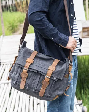 Canvas Mens 14'' Side Bag Courier Bag Gray Postman Bag Messenger Bag for Men