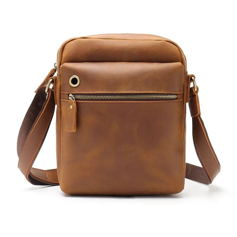 Casual Dark Coffee Leather Messenger Bag Men's 8 inches Side Bag Vertical Phone Bag Courier Bag For Men