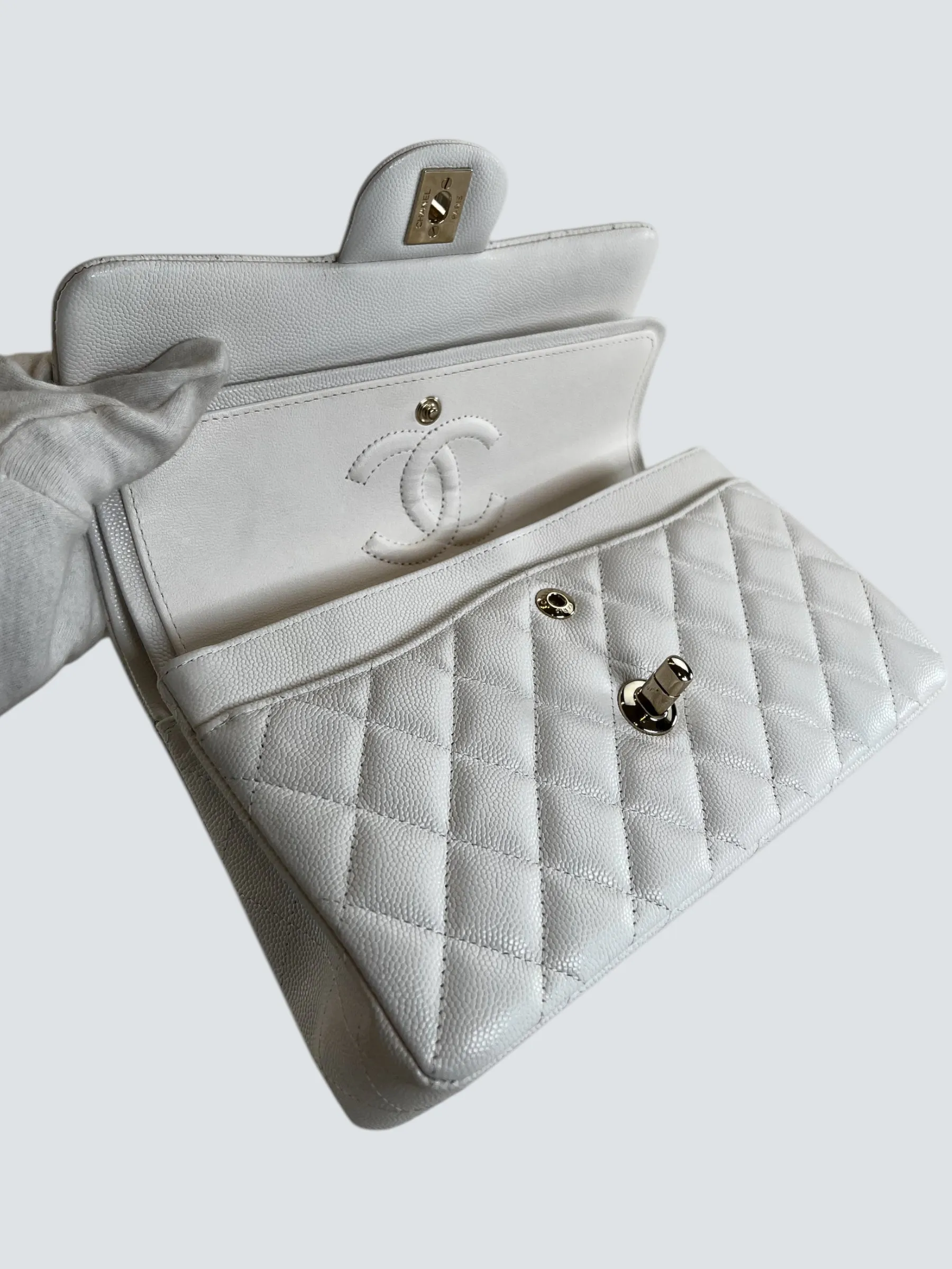 Chanel White Caviar Leather Small Double Flap