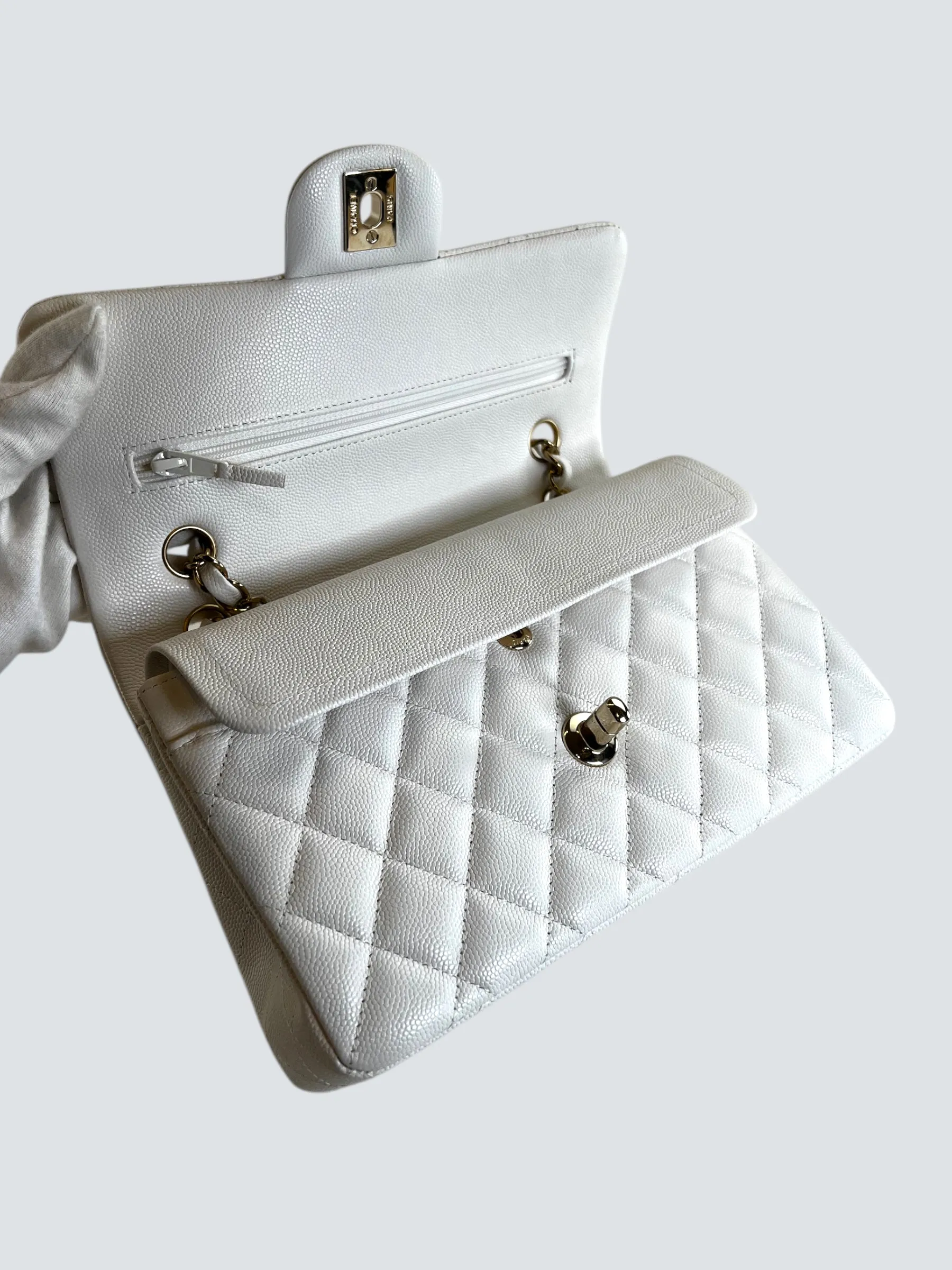 Chanel White Caviar Leather Small Double Flap