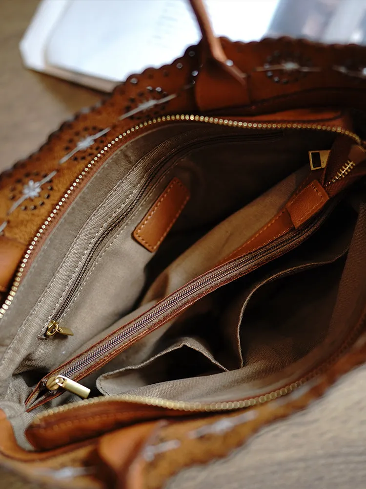 Classic Coffee Leather Hollowed Out Flowers Handbag Women Flowers Shoulder Bag for Women