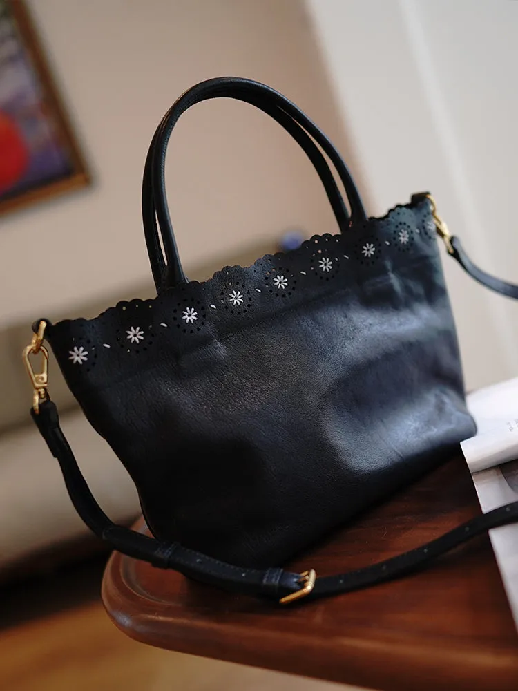 Classic Coffee Leather Hollowed Out Flowers Handbag Women Flowers Shoulder Bag for Women