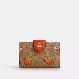 Coach Outlet Medium Corner Zip Wallet In Signature Canvas With Orange Print