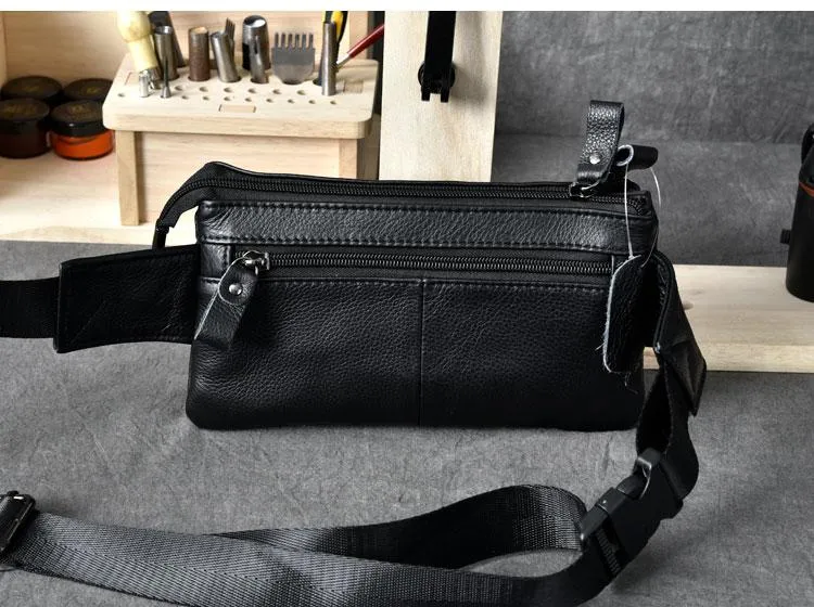 Cool Black Leather Fanny Pack Mens Black Waist Bag Hip Pack Black Belt Bag for Men