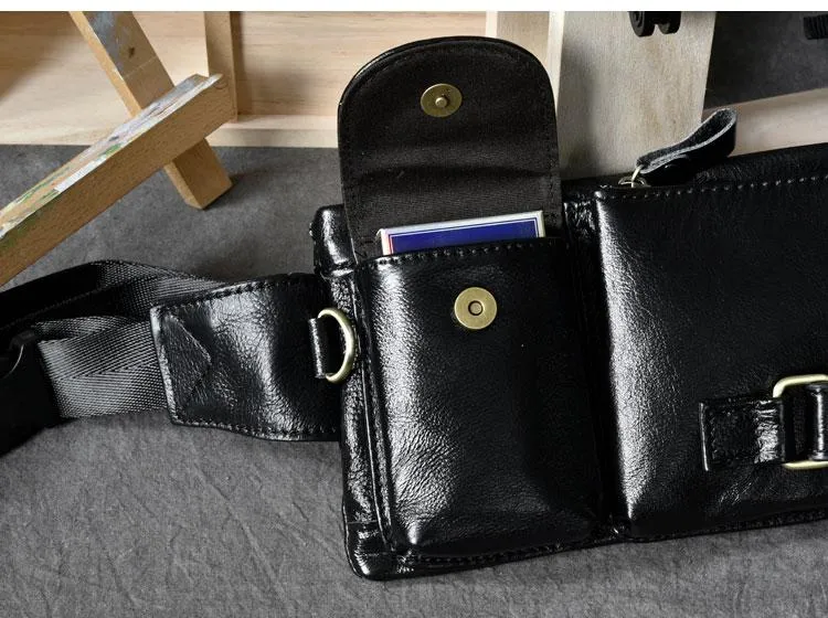 Cool Black Leather Fanny Pack Mens Black Waist Bag Hip Pack Black Belt Bag for Men
