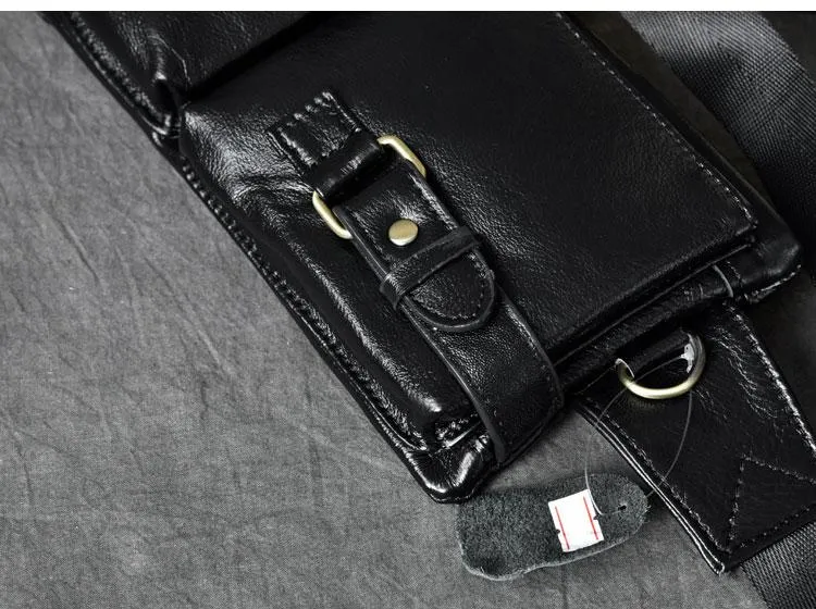 Cool Black Leather Fanny Pack Mens Black Waist Bag Hip Pack Black Belt Bag for Men