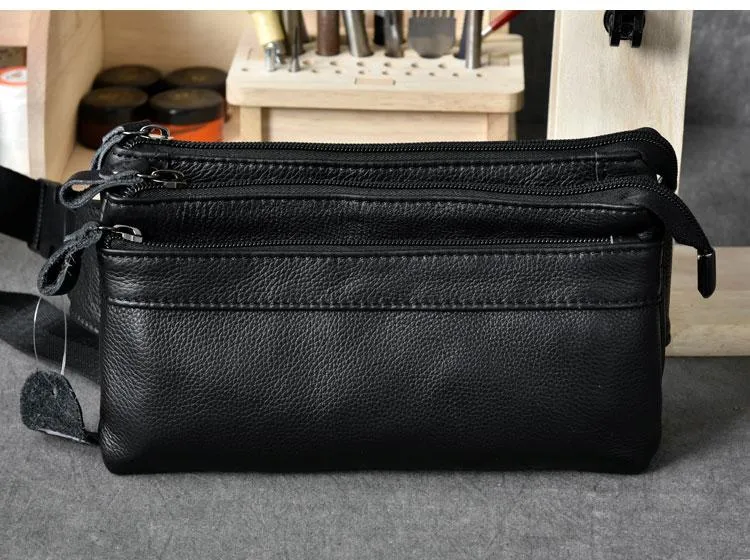 Cool Black Leather Fanny Pack Mens Black Waist Bag Hip Pack Black Belt Bag for Men