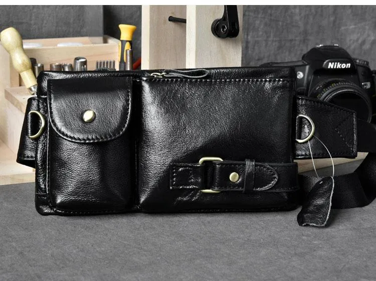 Cool Black Leather Fanny Pack Mens Black Waist Bag Hip Pack Black Belt Bag for Men