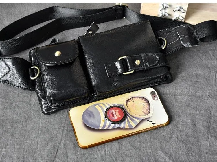 Cool Black Leather Fanny Pack Mens Black Waist Bag Hip Pack Black Belt Bag for Men
