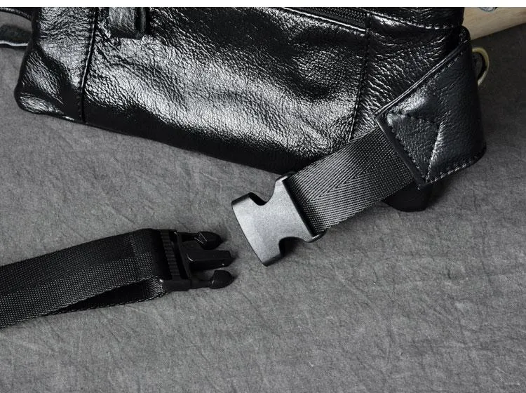 Cool Black Leather Fanny Pack Mens Black Waist Bag Hip Pack Black Belt Bag for Men