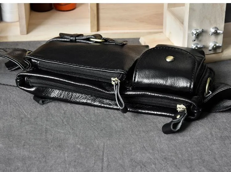 Cool Black Leather Fanny Pack Mens Black Waist Bag Hip Pack Black Belt Bag for Men