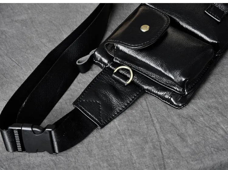 Cool Black Leather Fanny Pack Mens Black Waist Bag Hip Pack Black Belt Bag for Men