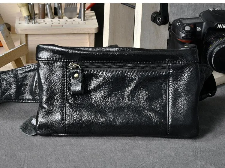 Cool Black Leather Fanny Pack Mens Black Waist Bag Hip Pack Black Belt Bag for Men