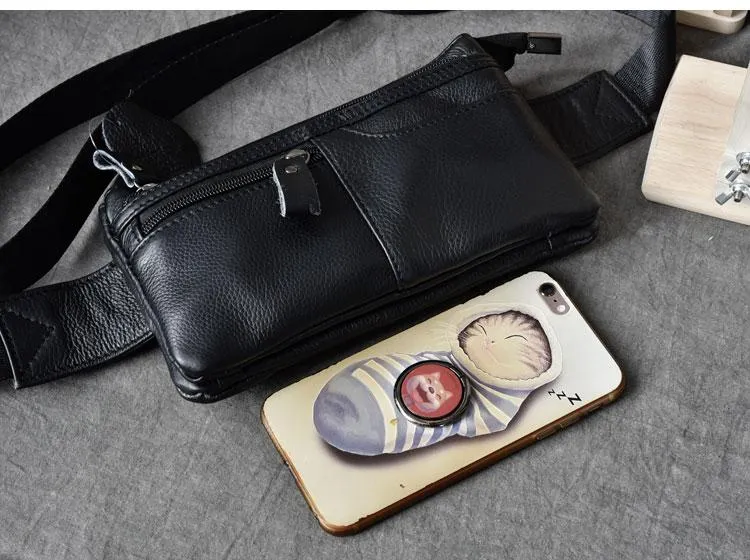 Cool Black Leather Fanny Pack Mens Black Waist Bag Hip Pack Black Belt Bag for Men