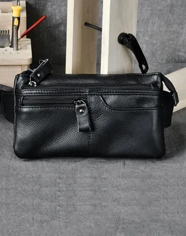 Cool Black Leather Fanny Pack Mens Black Waist Bag Hip Pack Black Belt Bag for Men