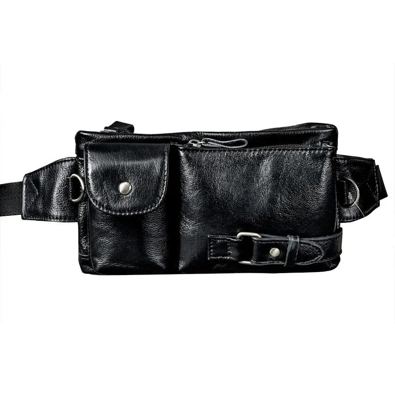 Cool Black Leather Fanny Pack Mens Black Waist Bag Hip Pack Black Belt Bag for Men