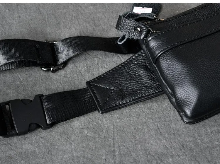 Cool Black Leather Fanny Pack Mens Black Waist Bag Hip Pack Black Belt Bag for Men