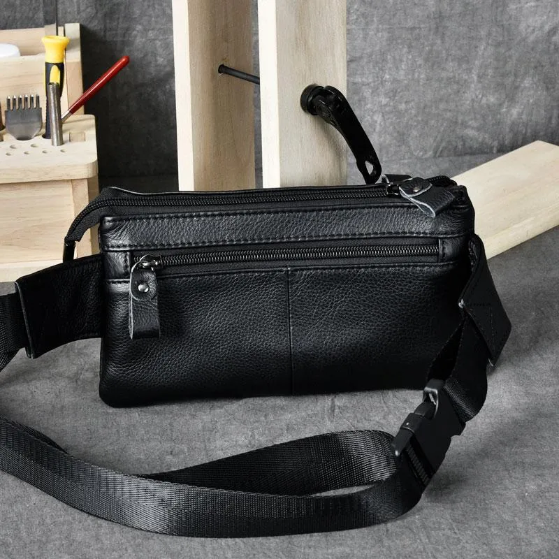 Cool Black Leather Fanny Pack Mens Black Waist Bag Hip Pack Black Belt Bag for Men
