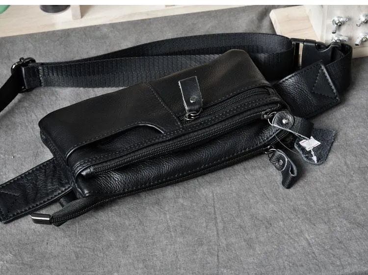 Cool Black Leather Fanny Pack Mens Black Waist Bag Hip Pack Black Belt Bag for Men