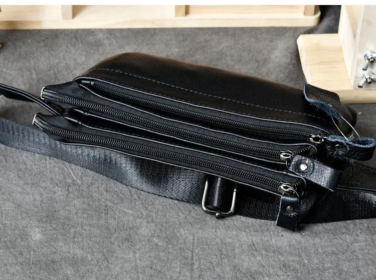 Cool Black Leather Fanny Pack Mens Black Waist Bag Hip Pack Black Belt Bag for Men
