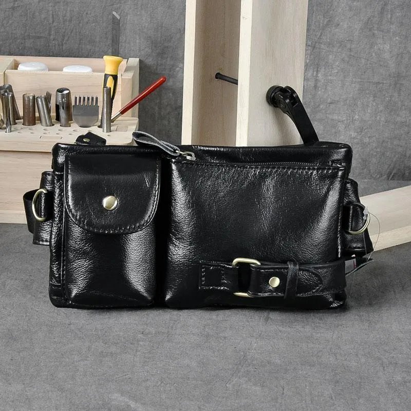 Cool Black Leather Fanny Pack Mens Black Waist Bag Hip Pack Black Belt Bag for Men