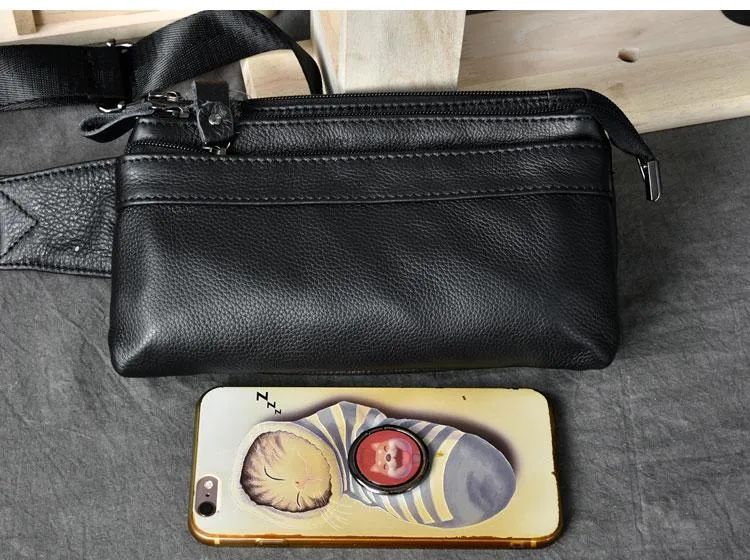 Cool Black Leather Fanny Pack Mens Hip Pack Black Waist Bag Belt Bag for Men