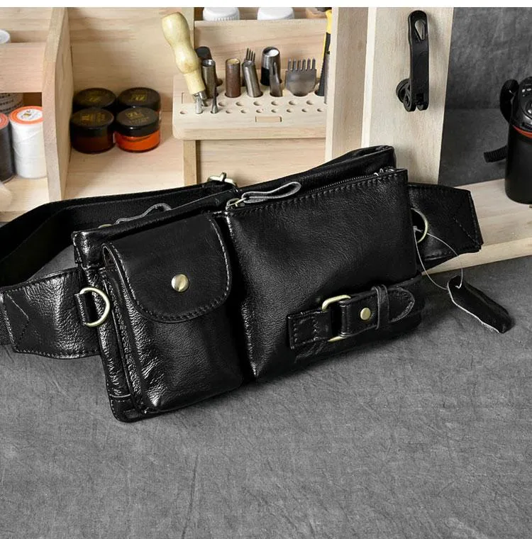 Cool Black Leather Fanny Pack Mens Hip Pack Black Waist Bag Belt Bag for Men