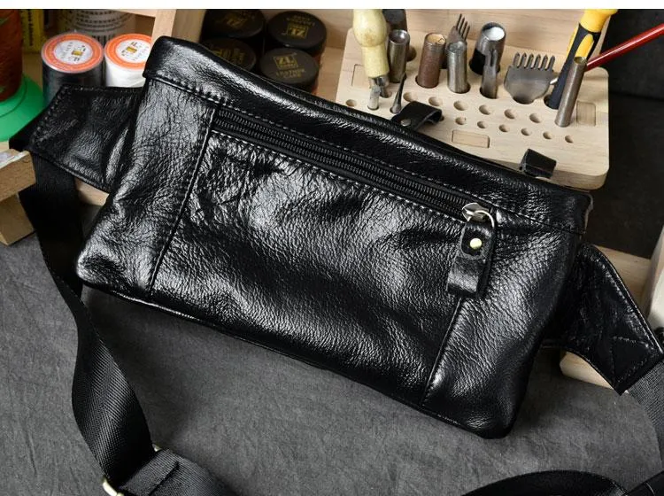 Cool Black Leather Fanny Pack Mens Hip Pack Black Waist Bag Belt Bag for Men