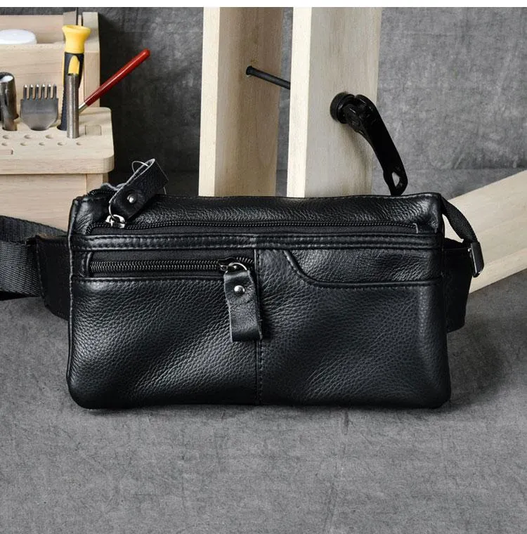 Cool Black Leather Fanny Pack Mens Hip Pack Black Waist Bag Belt Bag for Men