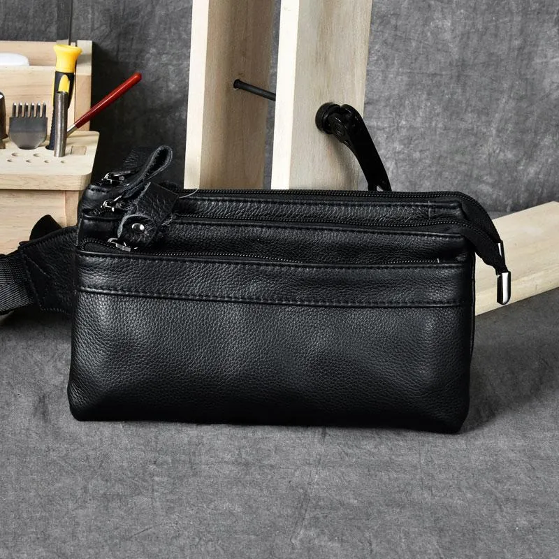 Cool Black Leather Fanny Pack Mens Hip Pack Black Waist Bag Belt Bag for Men