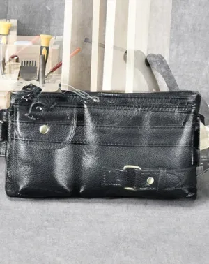 Cool Black Leather Fanny Pack Mens Hip Pack Black Waist Bag Belt Bag for Men