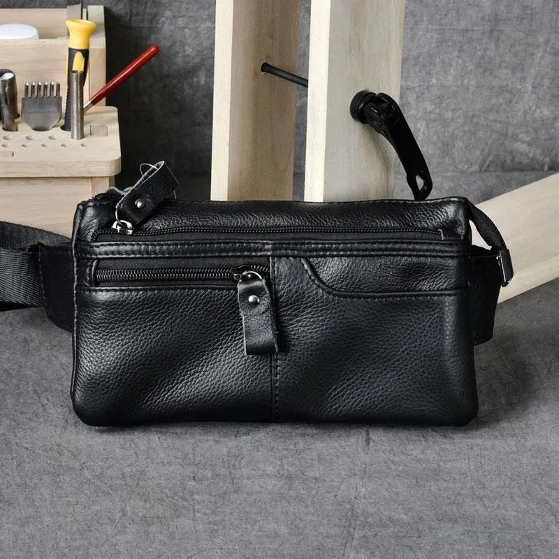 Cool Black Leather Fanny Pack Mens Hip Pack Black Waist Bag Belt Bag for Men