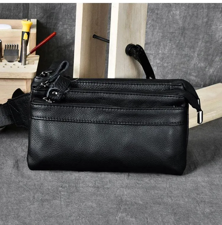 Cool Black Leather Fanny Pack Mens Hip Pack Black Waist Bag Belt Bag for Men