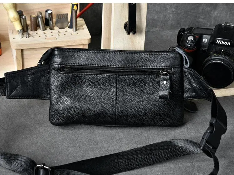 Cool Black Leather Fanny Pack Mens Hip Pack Black Waist Bag Belt Bag for Men