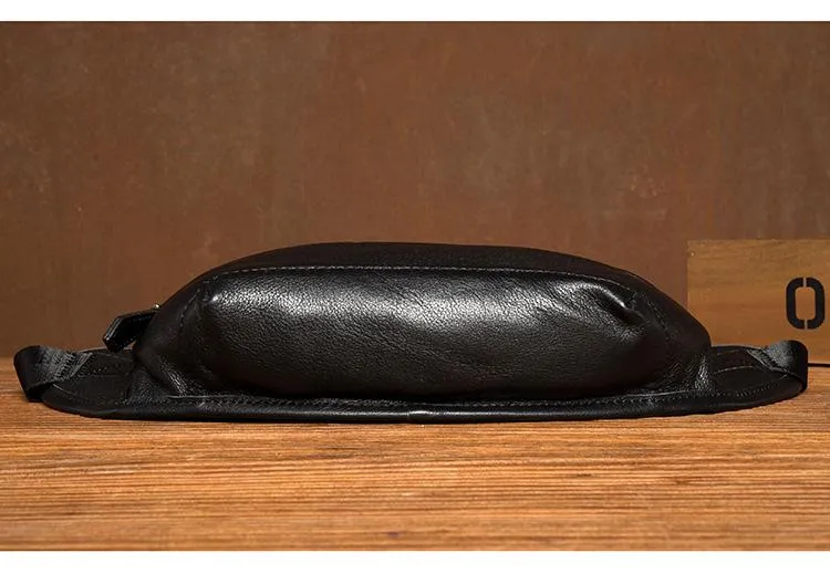 Cool Black Leather Fanny Pack Mens Waist Bag Hip Pack Black Belt Bags Bumbag for Men